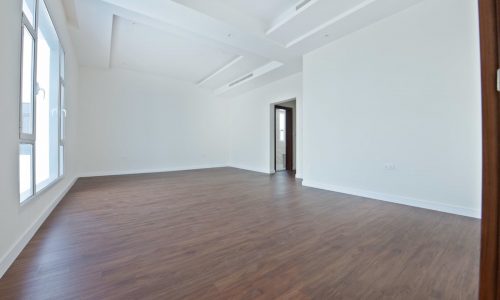 A room with white walls and a wood floor.