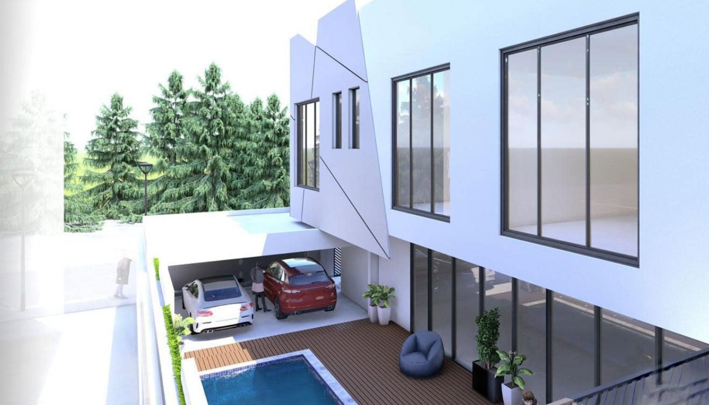 Modern house with geometric design features large windows, a balcony, and a pool. Two cars are parked in the garage next to a wooden deck with a bean bag and potted plants.