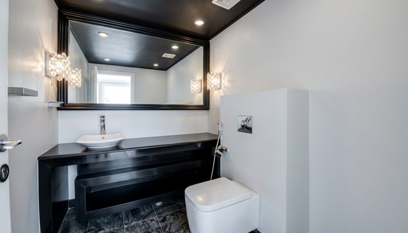 Modern bathroom with black ceiling, large wall mirror, two wall-mounted lights, black vanity with vessel sink, and a wall-mounted toilet on black marble floor.