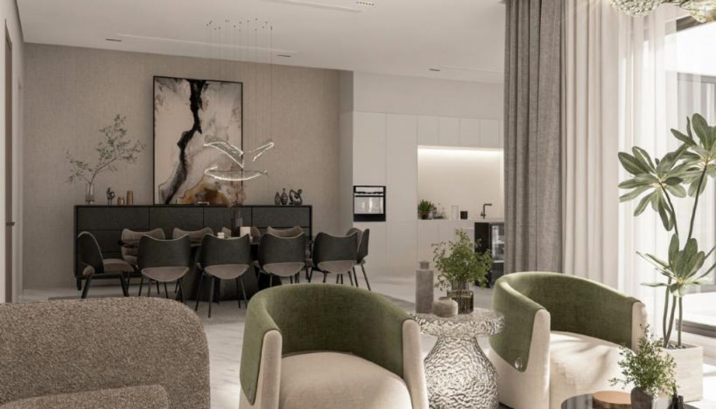 Modern living and dining area with neutral tones, green accent chairs, abstract artwork, large windows with sheer curtains, and contemporary lighting fixtures.