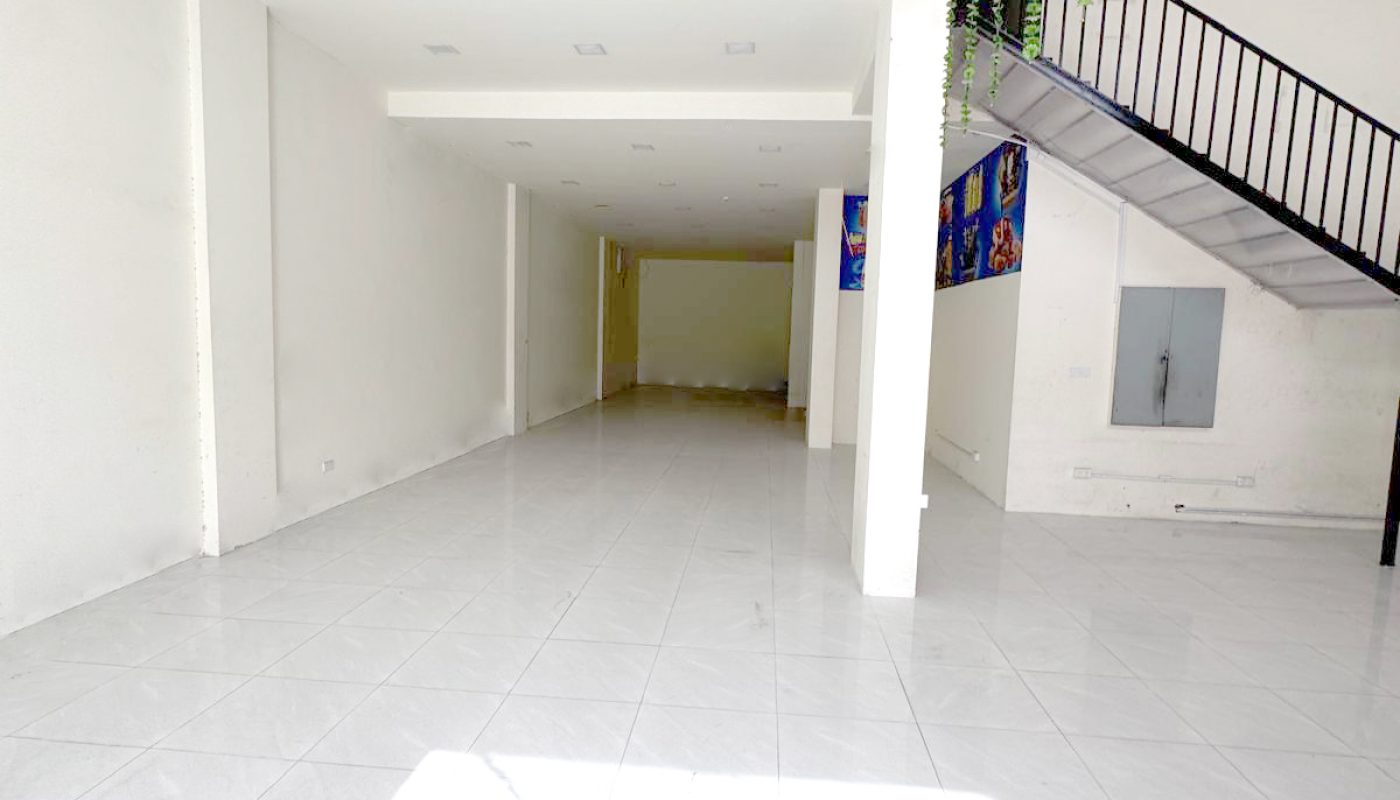 Bright, empty white room with tiled floor, high ceiling, a staircase on the right, and a few green hanging plants above.