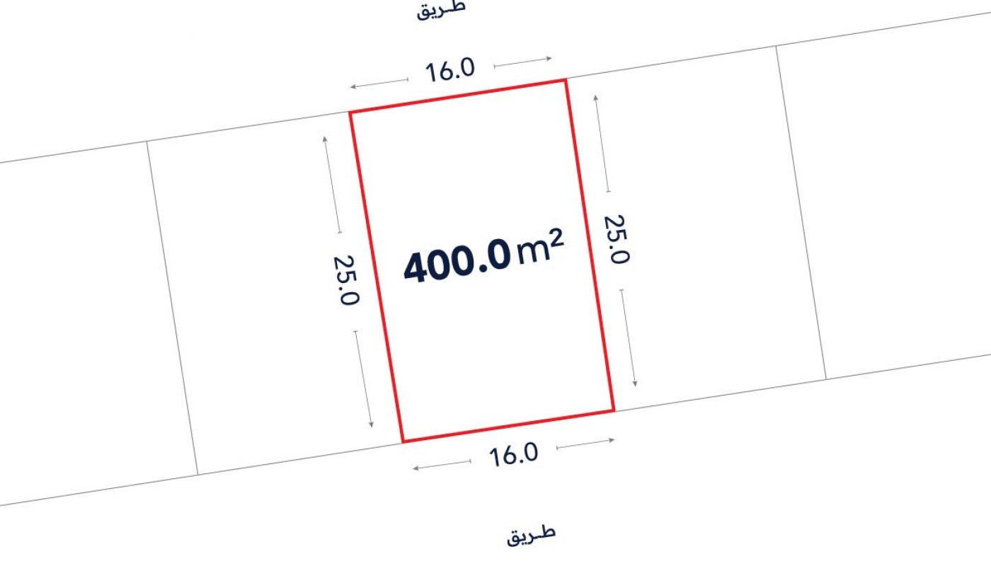 A rectangular plot outlined in red, labeled 400.0 m², with dimensions 16.0 meters wide and 25.0 meters long, bordered by streets on two sides.