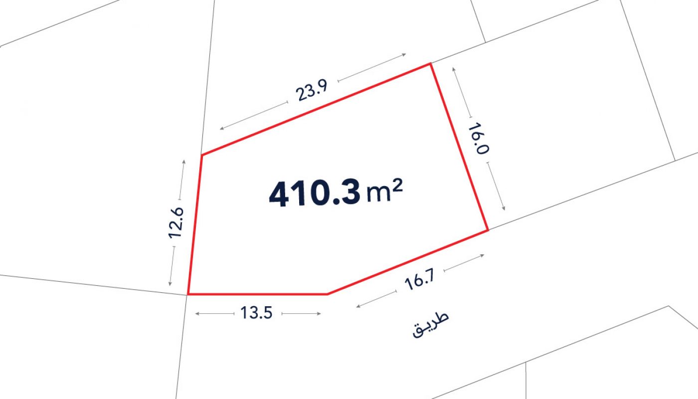 A plot of land outlined in red, labeled 410.3 m², with side lengths of 23.9 m, 16.0 m, 16.7 m, 13.5 m, and 12.6 m, adjacent to a road labeled "طريق".