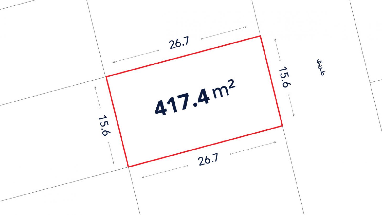 Rectangular plot outlined in red, labeled 417.4 m², with dimensions 26.7m by 15.6m shown on a site plan.