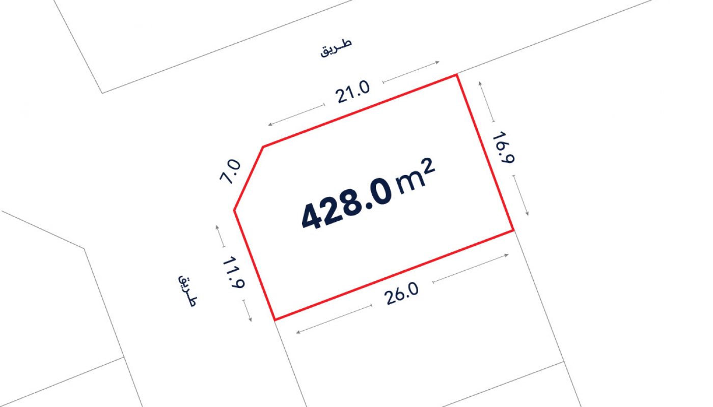 Diagram of a land plot with an area of 428.0 square meters, showing side lengths of 21.0, 16.9, 26.0, 11.9, and 7.0 meters, bordered by streets on two sides.