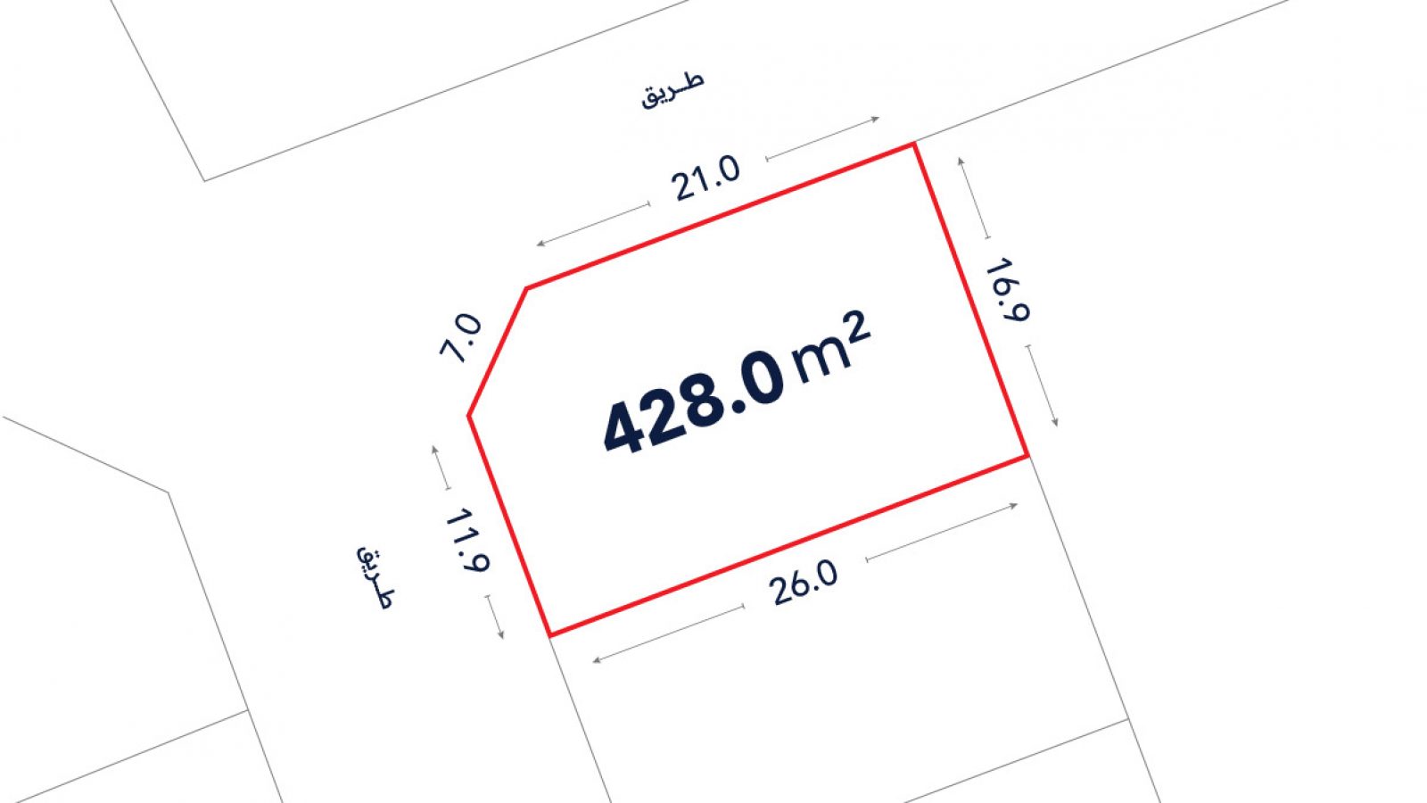 Diagram of a land plot with an area of 428.0 square meters, showing side lengths of 21.0, 16.9, 26.0, 11.9, and 7.0 meters, bordered by streets on two sides.