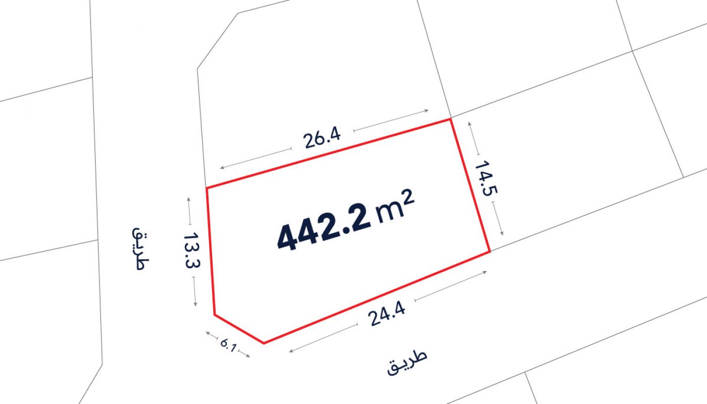 A plot of land outlined in red with labeled dimensions and an area of 442.2 square meters; adjacent streets labeled in Arabic.