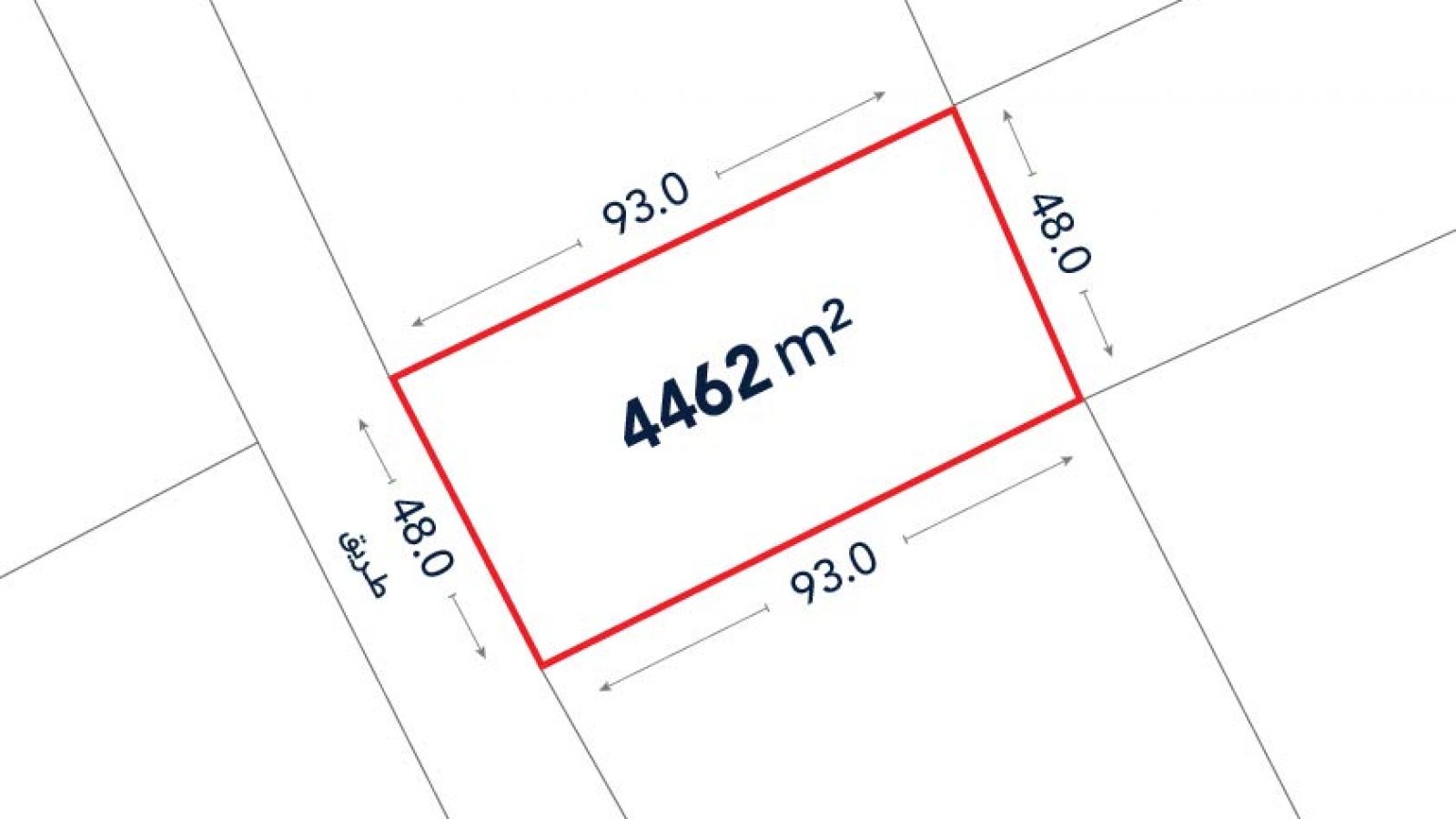 A rectangular plot outlined in red, labeled 4462 m², with dimensions 93.0 m by 48.0 m, shown on a simple map with street lines.