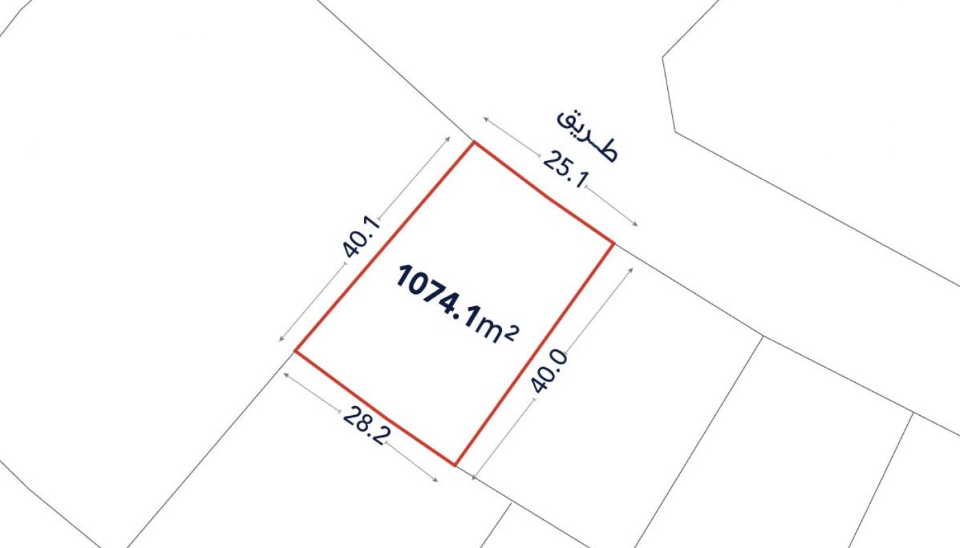 Plot map showing a rectangular land parcel of 1074.1 square meters with labeled side lengths: 40.1m, 28.2m, 40.0m, 25.1m, and a road labeled “طريق”.