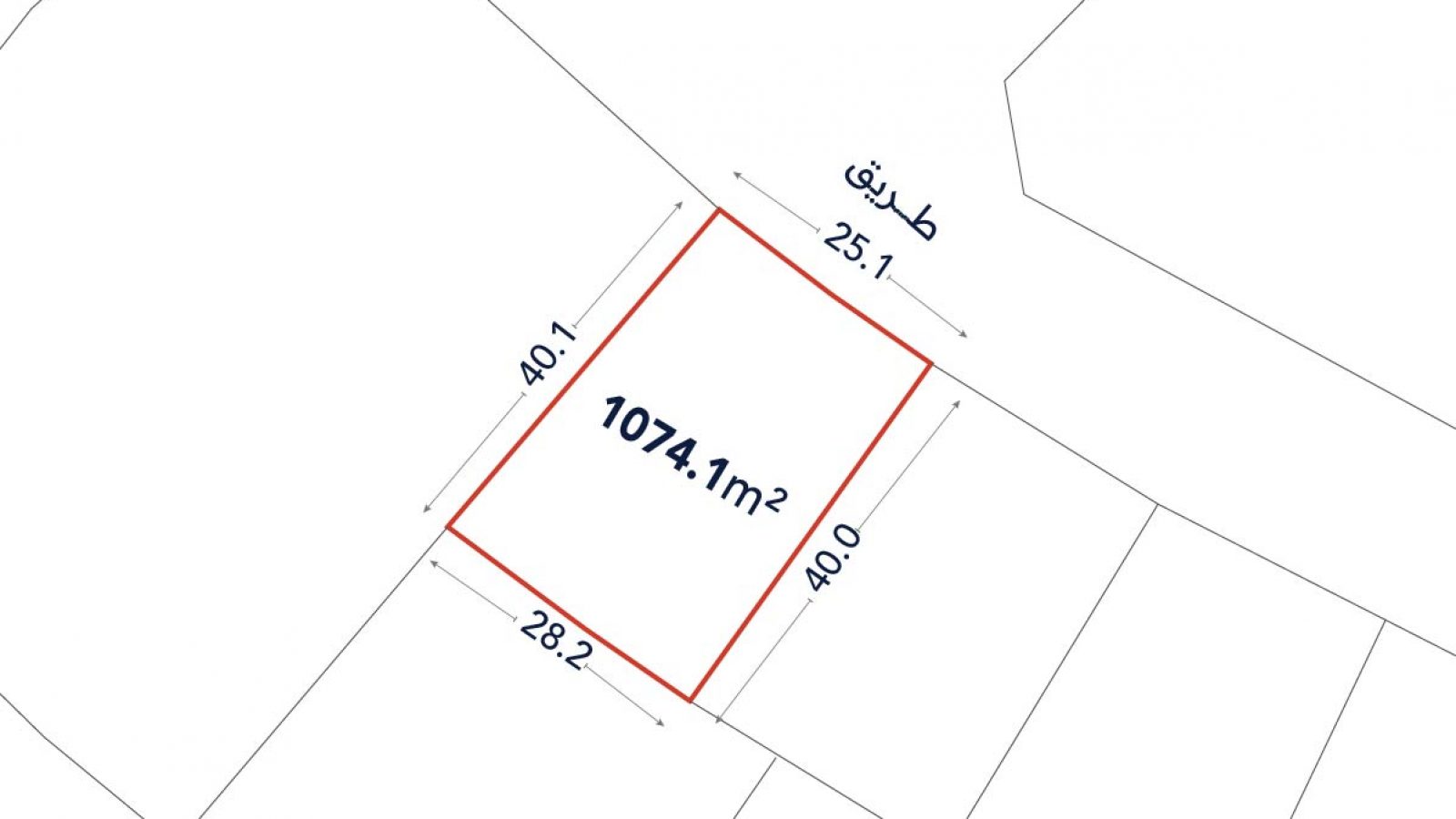 Plot map showing a rectangular land parcel of 1074.1 square meters with labeled side lengths: 40.1m, 28.2m, 40.0m, 25.1m, and a road labeled “طريق”.