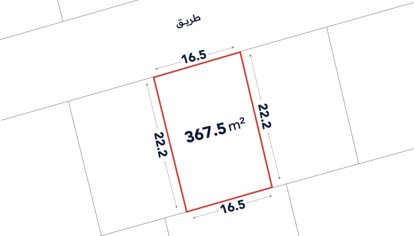 A rectangular land plot outlined in red, labeled 367.5 m², with dimensions 16.5 meters by 22.2 meters, bordering a road at the top.