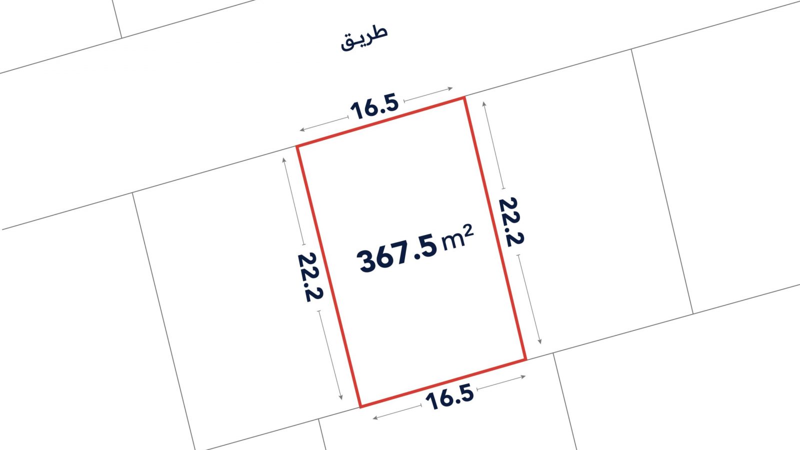 A rectangular land plot outlined in red, labeled 367.5 m², with dimensions 16.5 meters by 22.2 meters, bordering a road at the top.