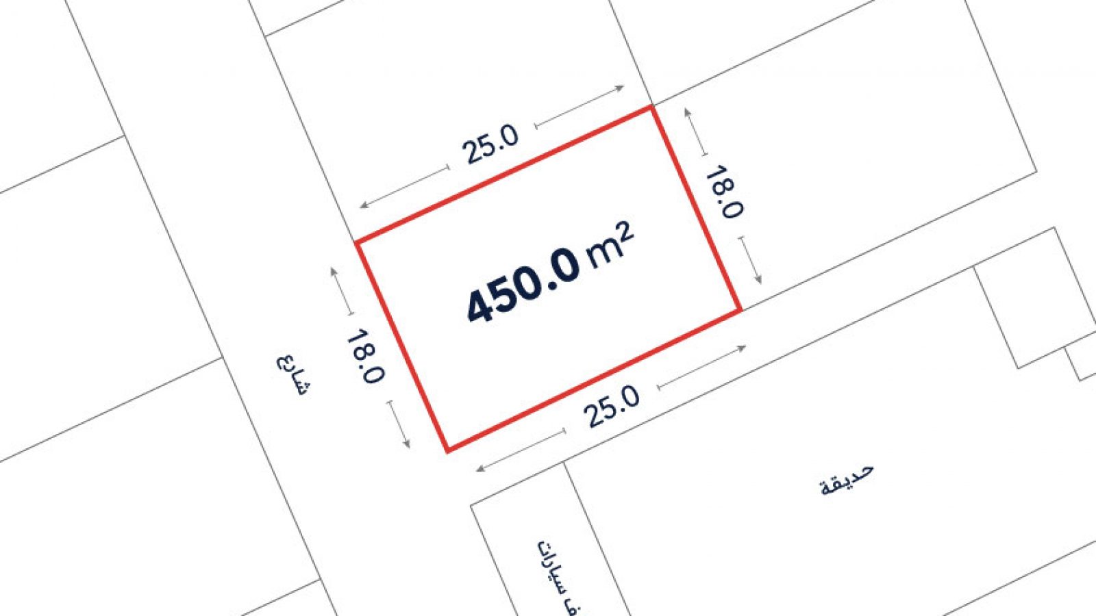 A plot plan showing a rectangular 450.0 m² lot with dimensions 25 by 18 meters, bordered by a street, garden, and parking space.