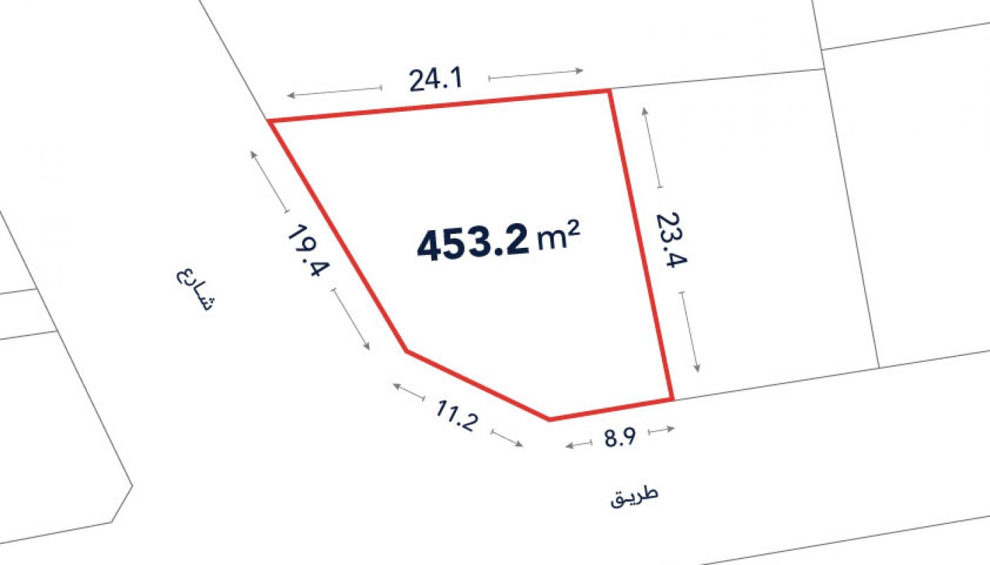 A plot of land outlined in red with labeled boundary lengths of 24.1m, 23.4m, 8.9m, 11.2m, and 19.4m, showing a total area of 453.2 square meters. Arabic labels indicate adjacent streets.