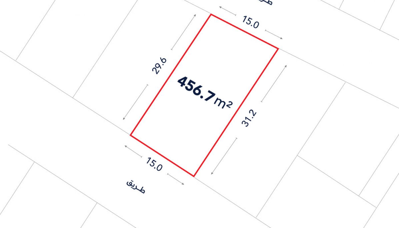 A rectangular land plot outlined in red, labeled 456.7 m², with dimensions 15.0m by 31.2m and streets shown at the top and bottom labeled in Arabic.