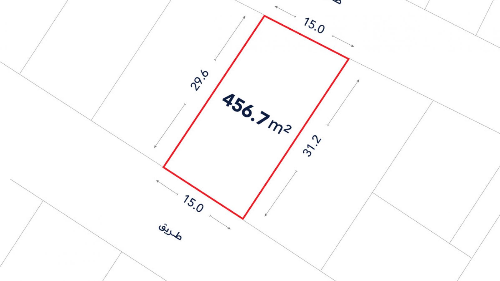 A rectangular land plot outlined in red, labeled 456.7 m², with dimensions 15.0m by 31.2m and streets shown at the top and bottom labeled in Arabic.