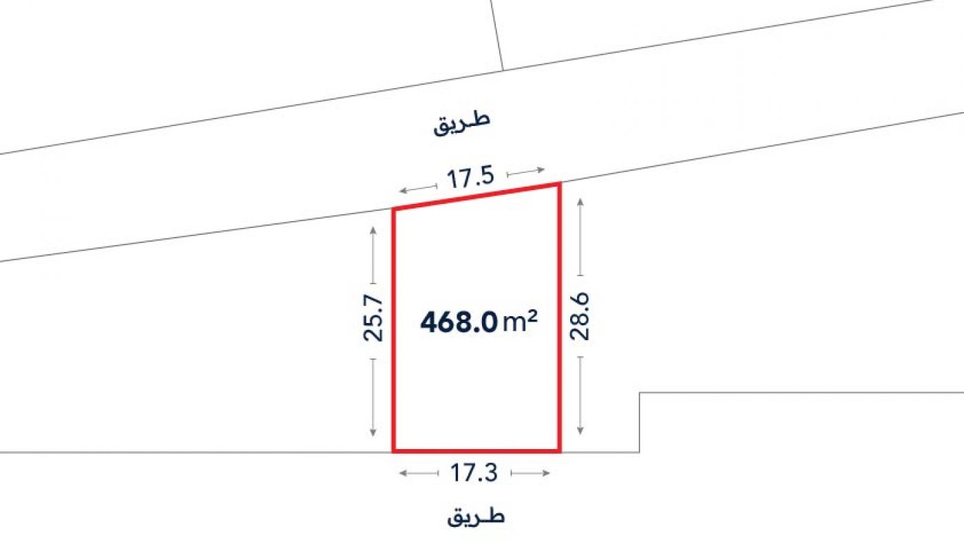 A land plot diagram showing a rectangular area of 468.0 m² with labeled side lengths of 17.5 m, 28.6 m, 17.3 m, and 25.7 m, bordered by roads on two sides.