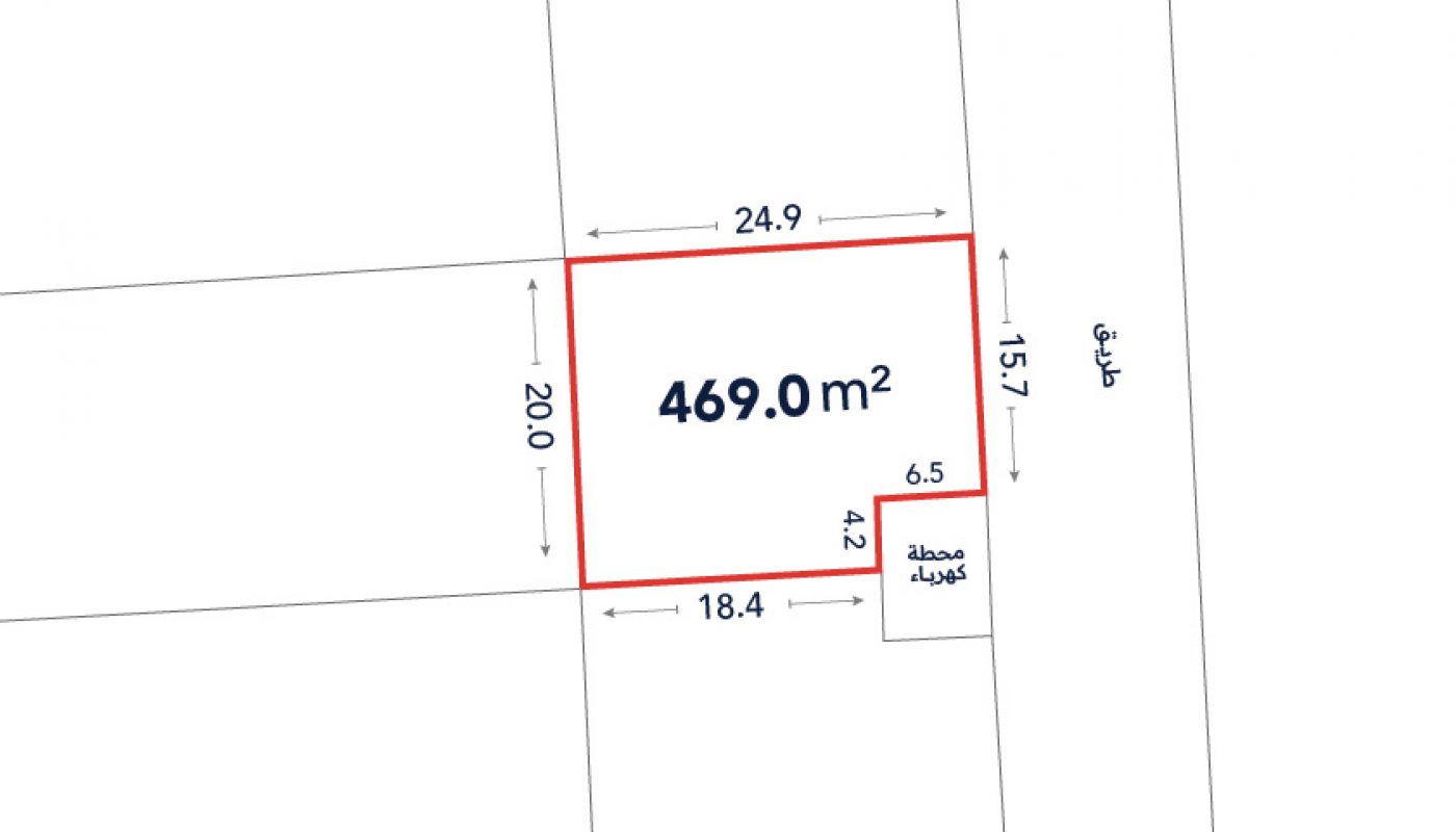 A rectangular land plot measuring 469.0 square meters with side lengths 24.9m, 20.0m, 18.4m, and 15.7m; adjacent to a street and a labeled utility station.