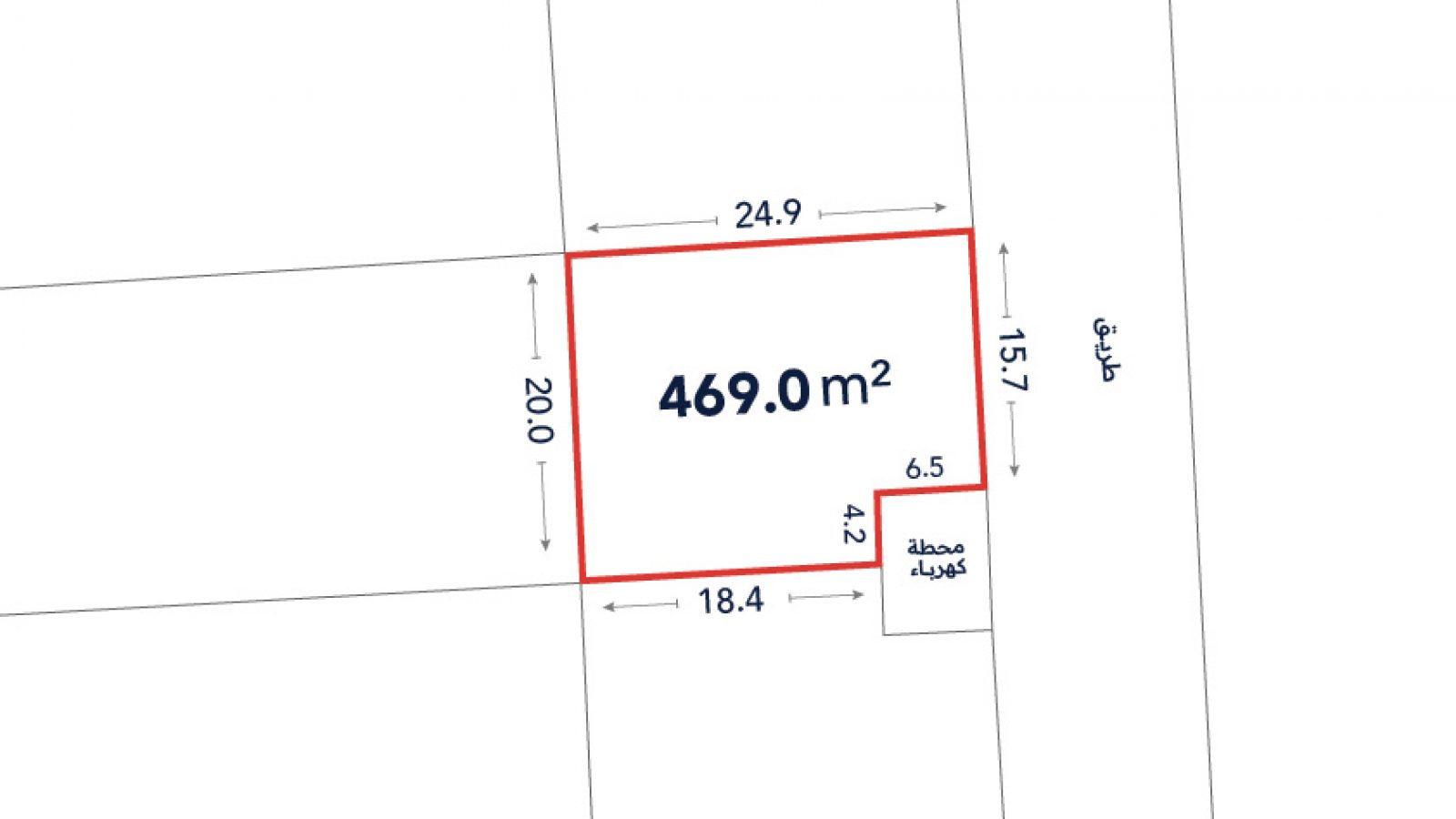 A rectangular land plot measuring 469.0 square meters with side lengths 24.9m, 20.0m, 18.4m, and 15.7m; adjacent to a street and a labeled utility station.