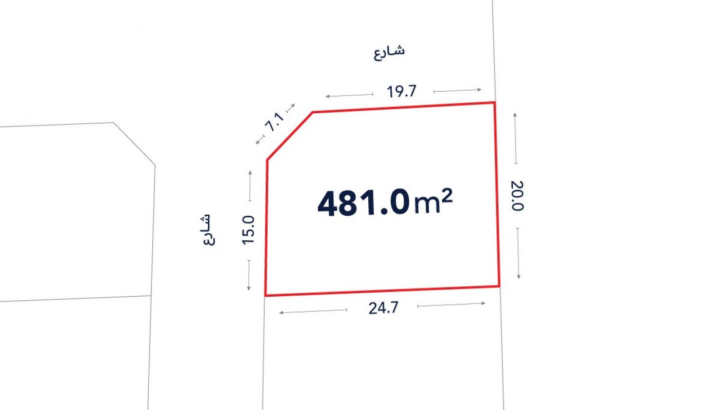 A plot map showing a 481.0 m² lot outlined in red with dimensions 19.7, 20.0, 24.7, 15.0, and 7.1 meters; labeled streets in Arabic.