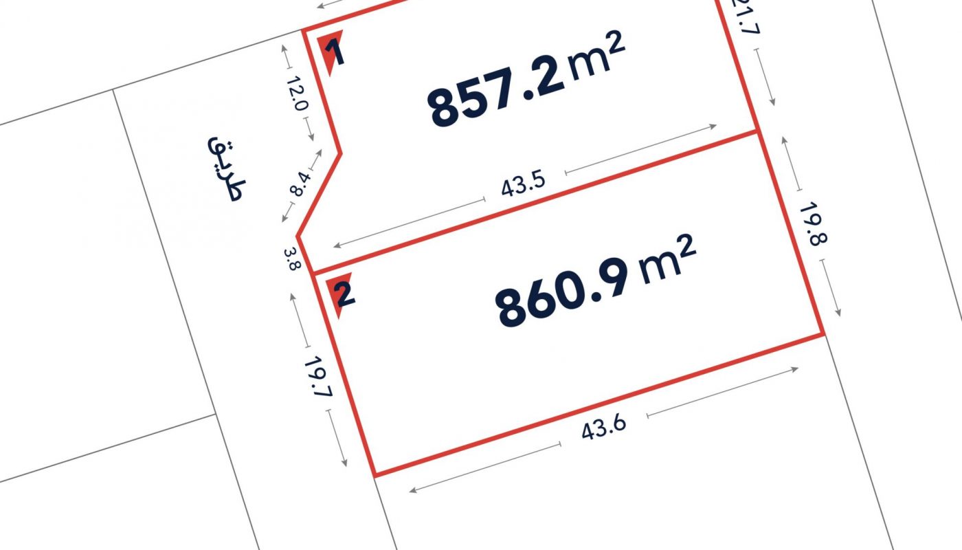 Two adjacent land plots outlined in red, labeled 857.2 m² and 860.9 m², with detailed boundary measurements in meters around each plot.