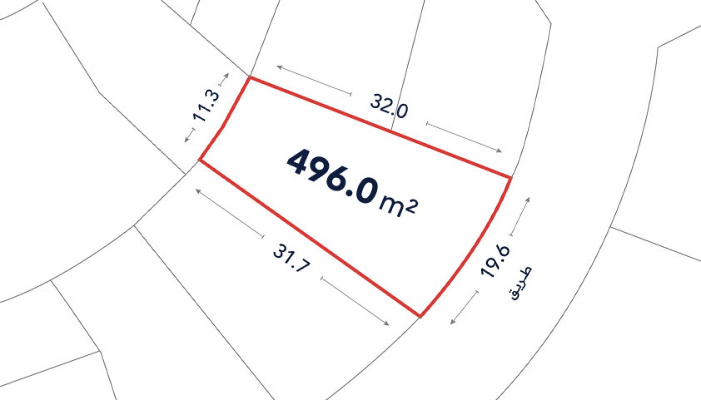 Plot diagram outlined in red, labelled 496.0 square meters, with side lengths marked as 11.3m, 32.0m, 19.6m, and 31.7m.