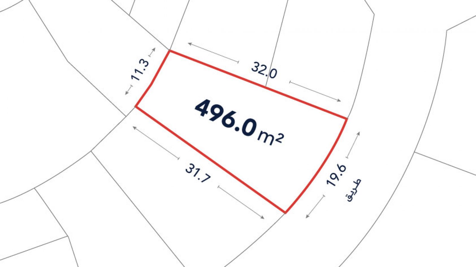 Plot diagram outlined in red, labelled 496.0 square meters, with side lengths marked as 11.3m, 32.0m, 19.6m, and 31.7m.