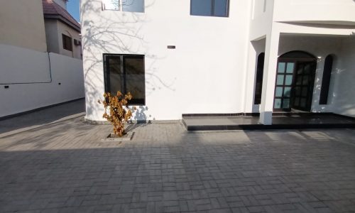 A spacious white villa with a driveway and a tree in front of it.