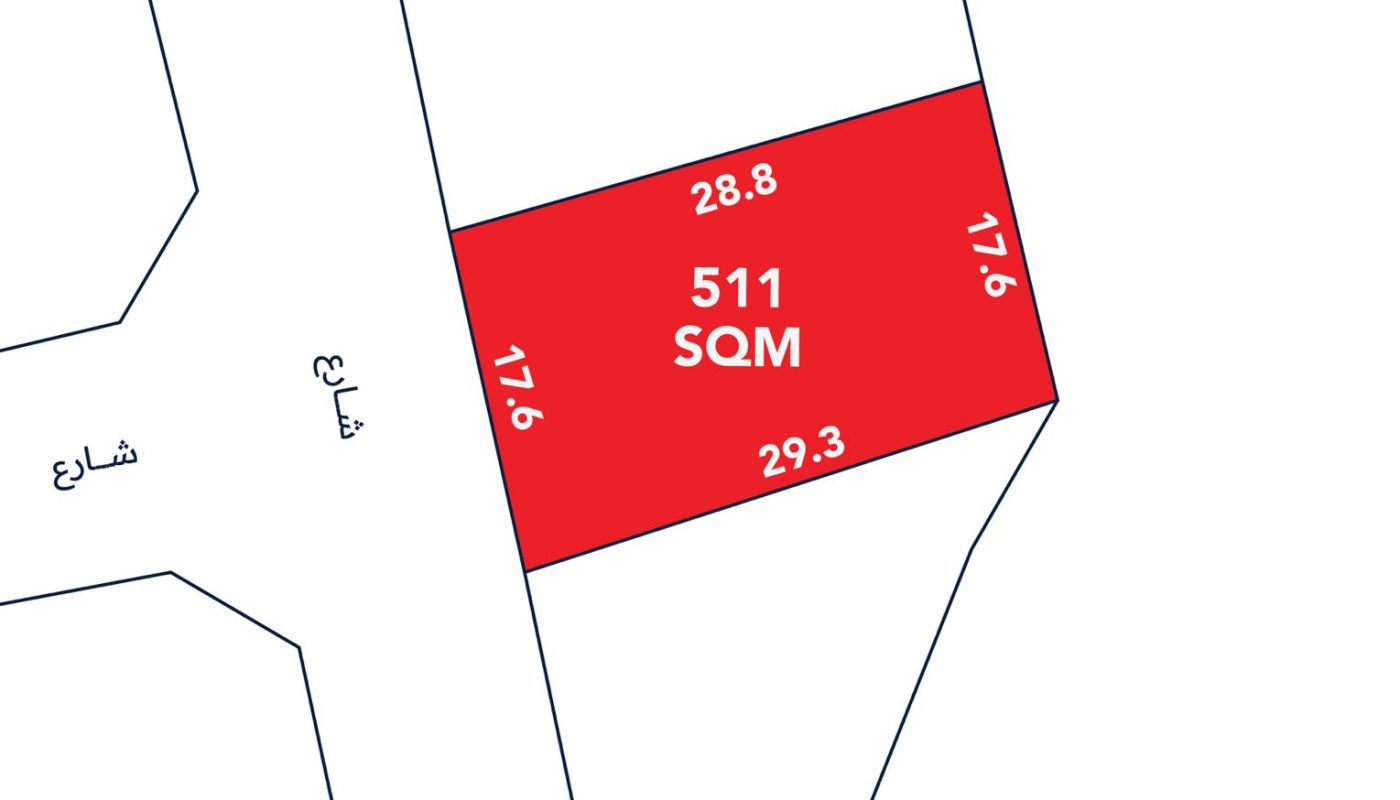 A plot of land measuring 511 square meters, with sides labeled as 28.8m, 17.6m, 29.3m, and 17.6m, is highlighted in red on a map.