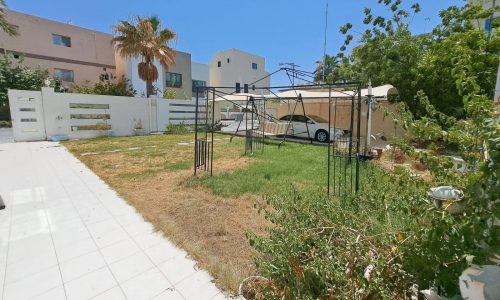 A backyard with a mix of green and dry grass, tiled pathway, metal frame structure, and vegetation. Residential houses, a boat, and clear blue sky in the background give it an Auto Draft feel.