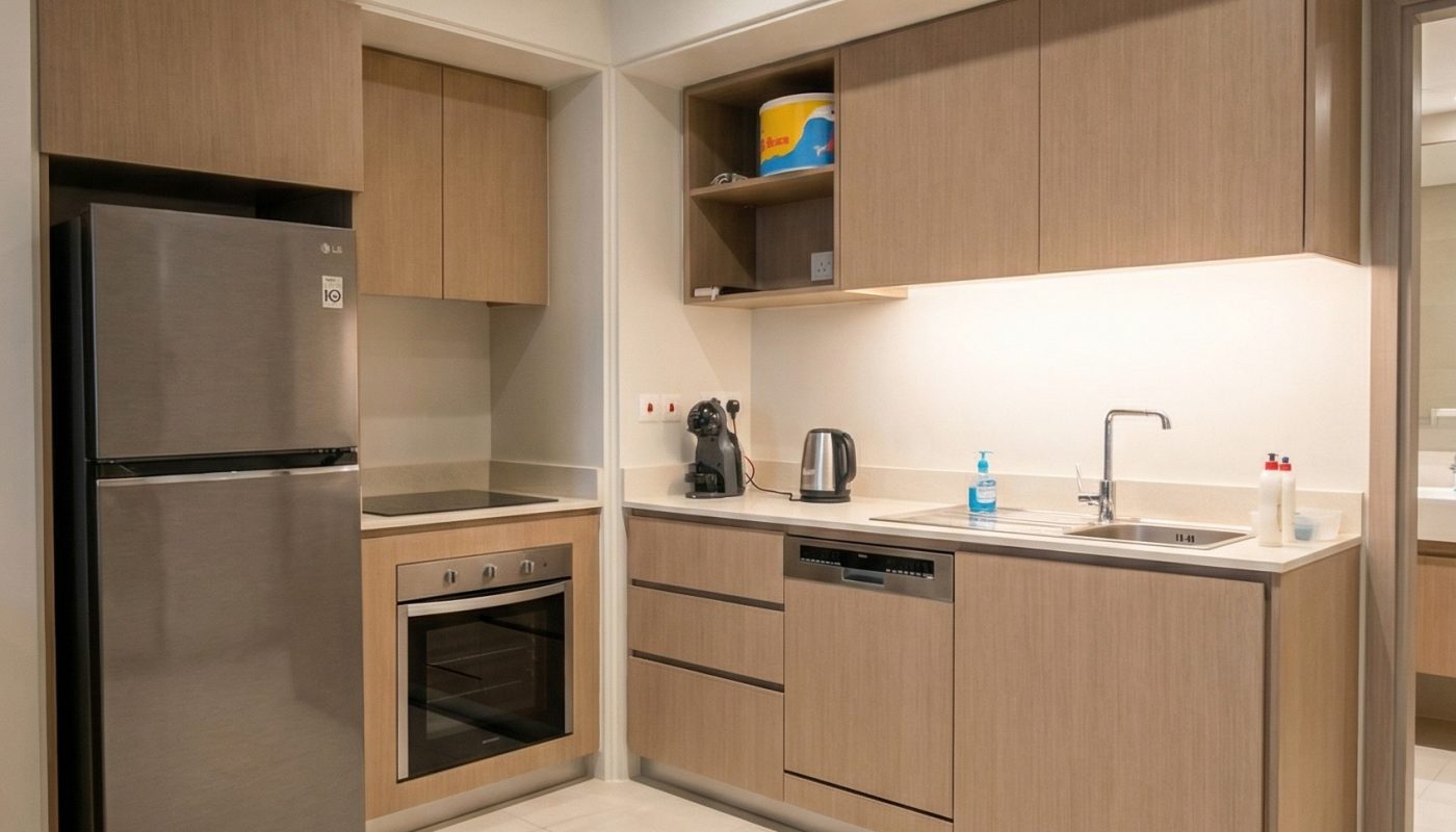 Modern kitchen with wood cabinets, stainless steel fridge, built-in oven, electric cooktop, sink, kettle, and coffee maker on a light tiled floor.
