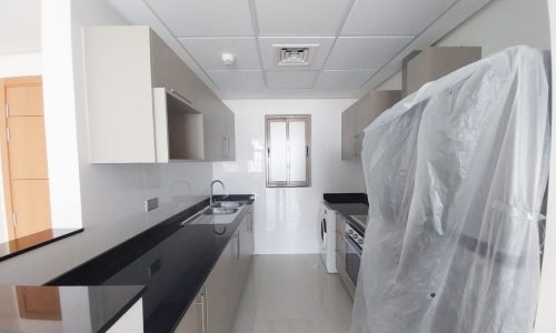 An amazing kitchen in a 2BR apartment with a plastic covering on the floor.