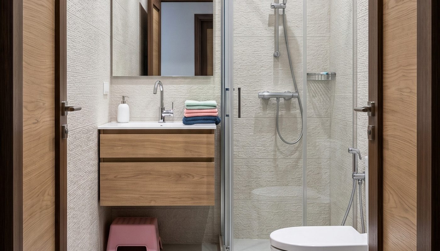 Modern bathroom with a glass shower, wall-mounted wooden vanity, mirror, toilet, and a pink step stool on a light gray tiled floor.