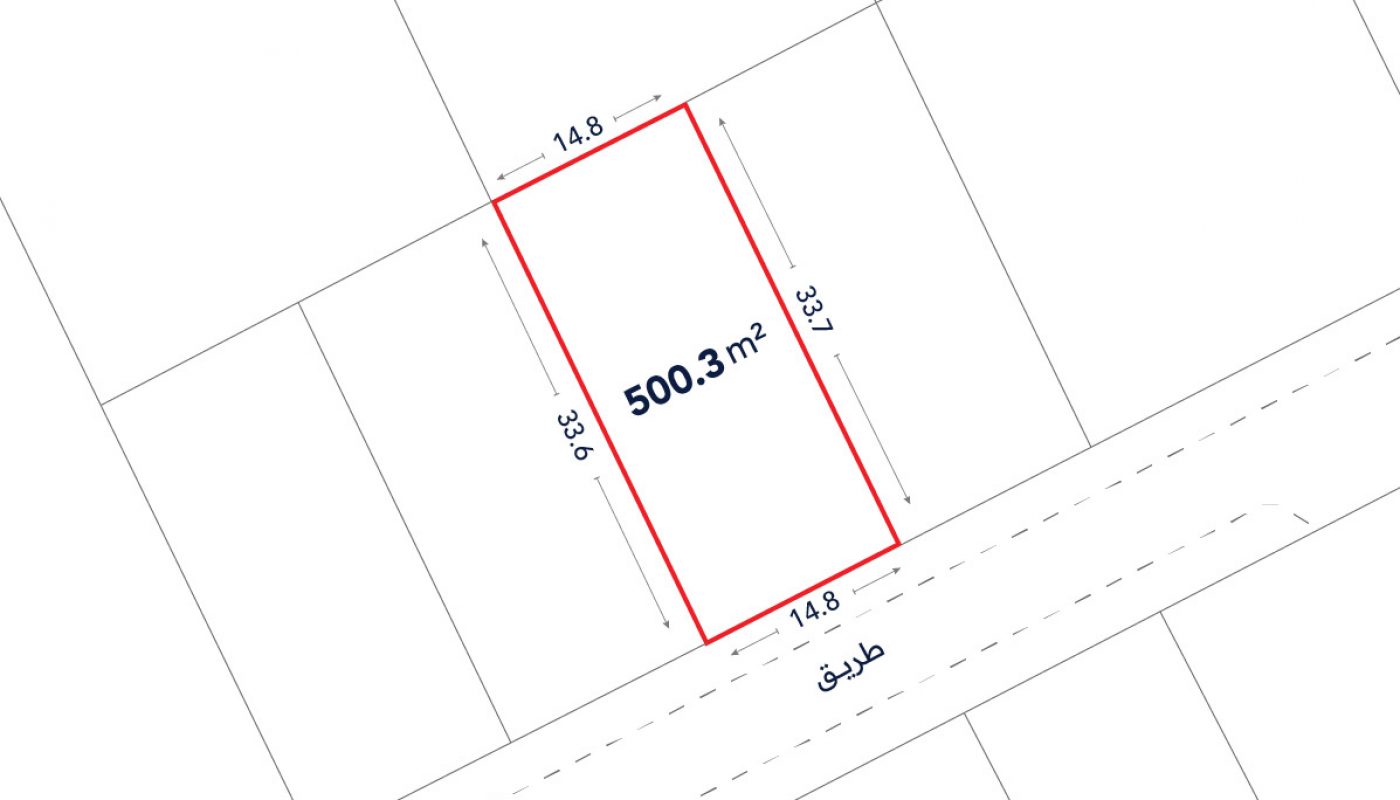 A rectangular plot outlined in red, labeled 500.3 m², with dimensions 14.8m by 33.7m, next to a street labeled "طريق" in Arabic.