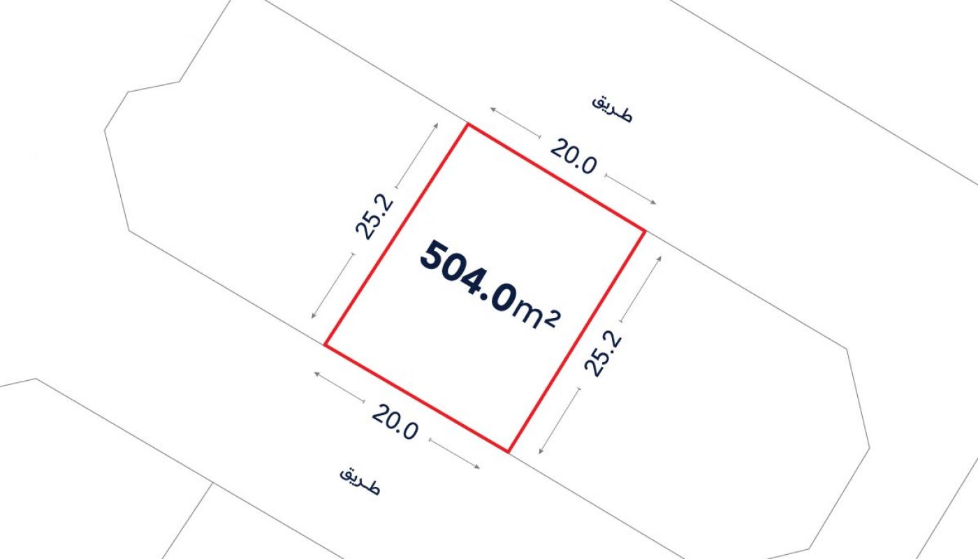 A rectangular plot marked 504.0 m², with dimensions 20.0 m by 25.2 m, outlined in red and bordered by roads on two sides.