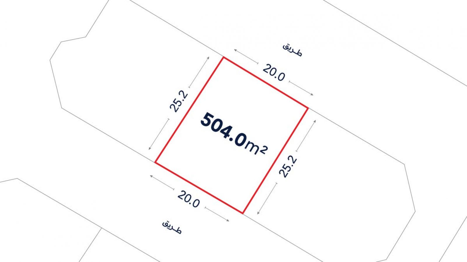 A rectangular plot marked 504.0 m², with dimensions 20.0 m by 25.2 m, outlined in red and bordered by roads on two sides.