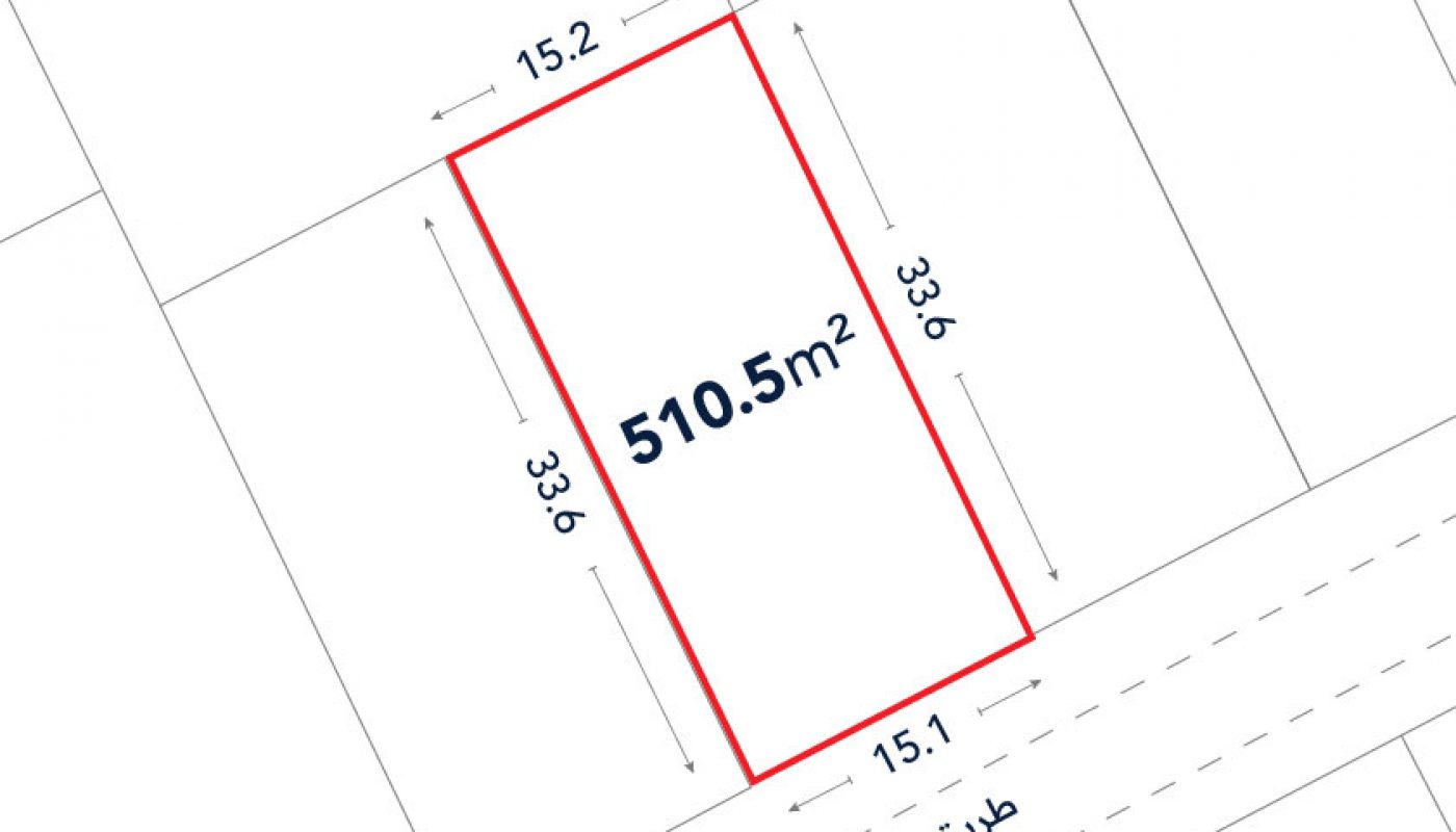 Rectangular plot diagram showing dimensions 15.2m by 33.6m and total area 510.5 m², adjacent to a road marked 15.1m along one side.