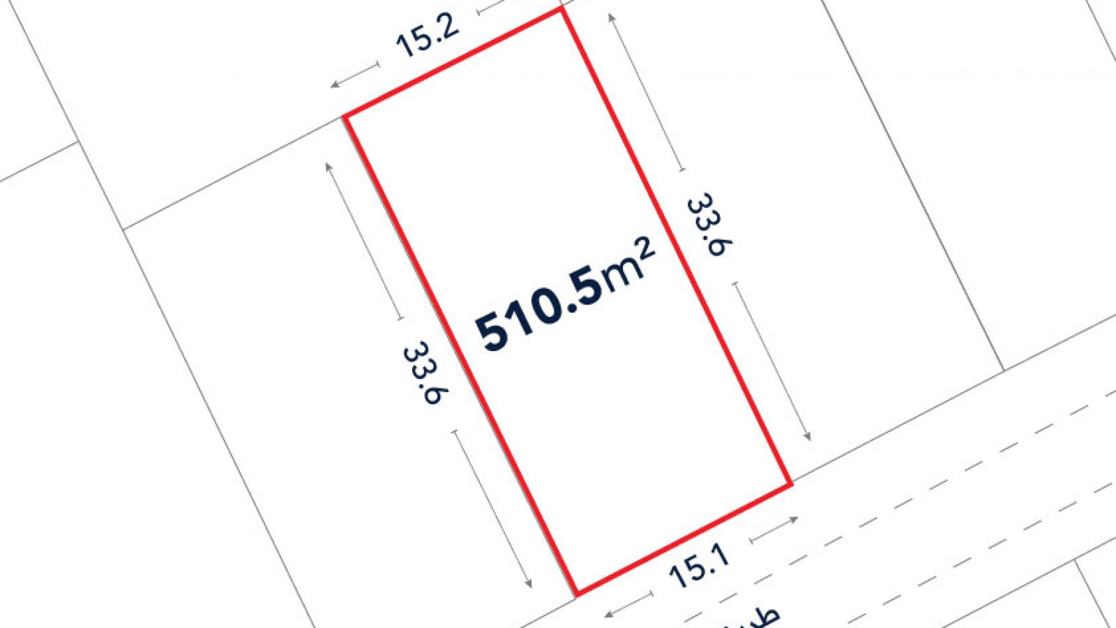 Rectangular plot diagram showing dimensions 15.2m by 33.6m and total area 510.5 m², adjacent to a road marked 15.1m along one side.