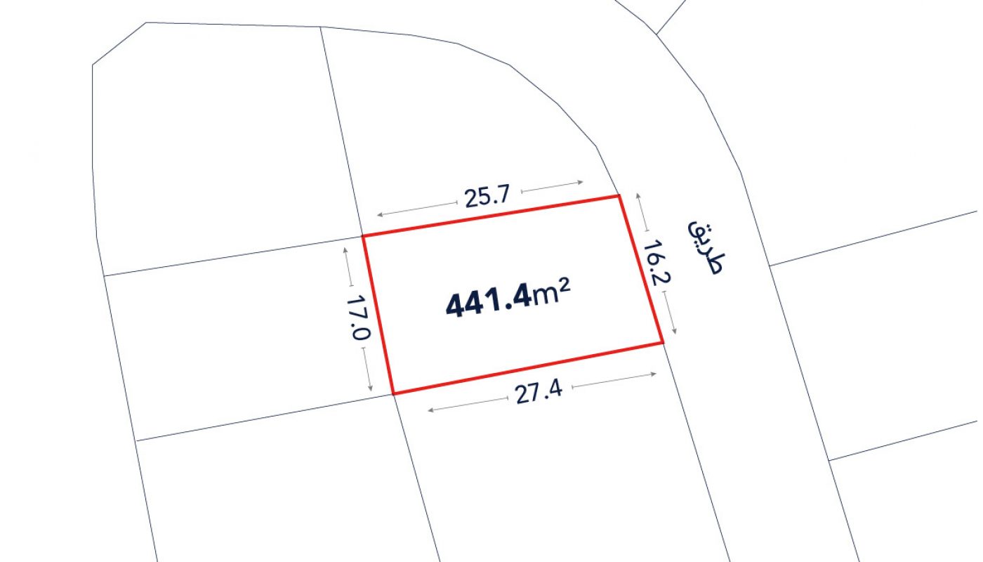 A rectangular plot of land outlined in red, labeled 441.4 m², with side lengths of 25.7m, 27.4m, 17.7m, and 16.2m adjacent to a curved road labeled in Arabic.