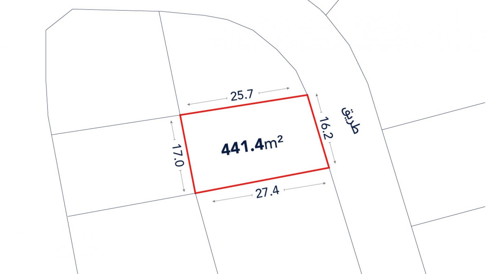 A rectangular plot of land outlined in red, labeled 441.4 m², with side lengths of 25.7m, 27.4m, 17.7m, and 16.2m adjacent to a curved road labeled in Arabic.