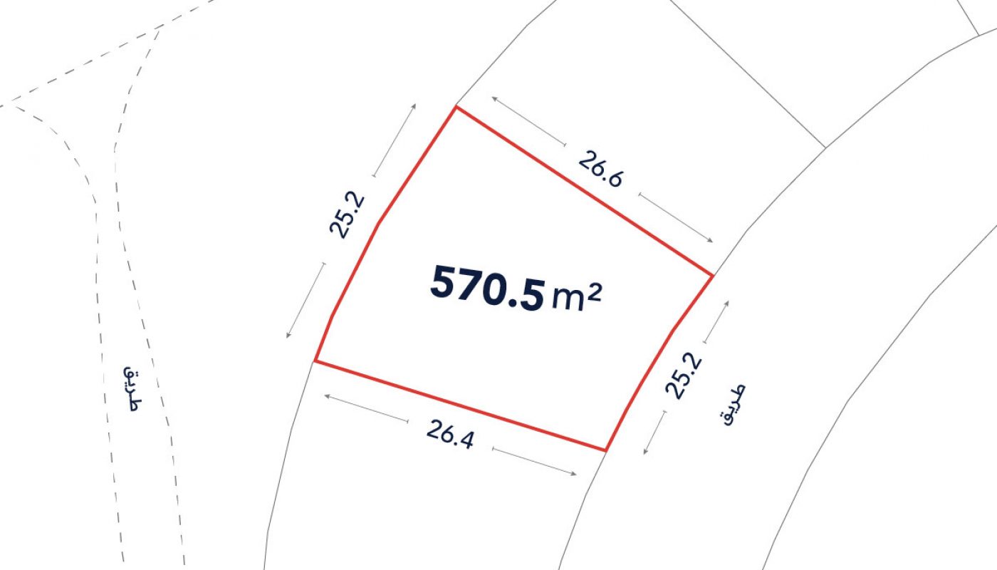 A plot map shows a 570.5 square meter land parcel outlined in red, with side lengths labeled 26.4, 25.2, 26.6, and 25.2 meters. Arabic street labels are present.