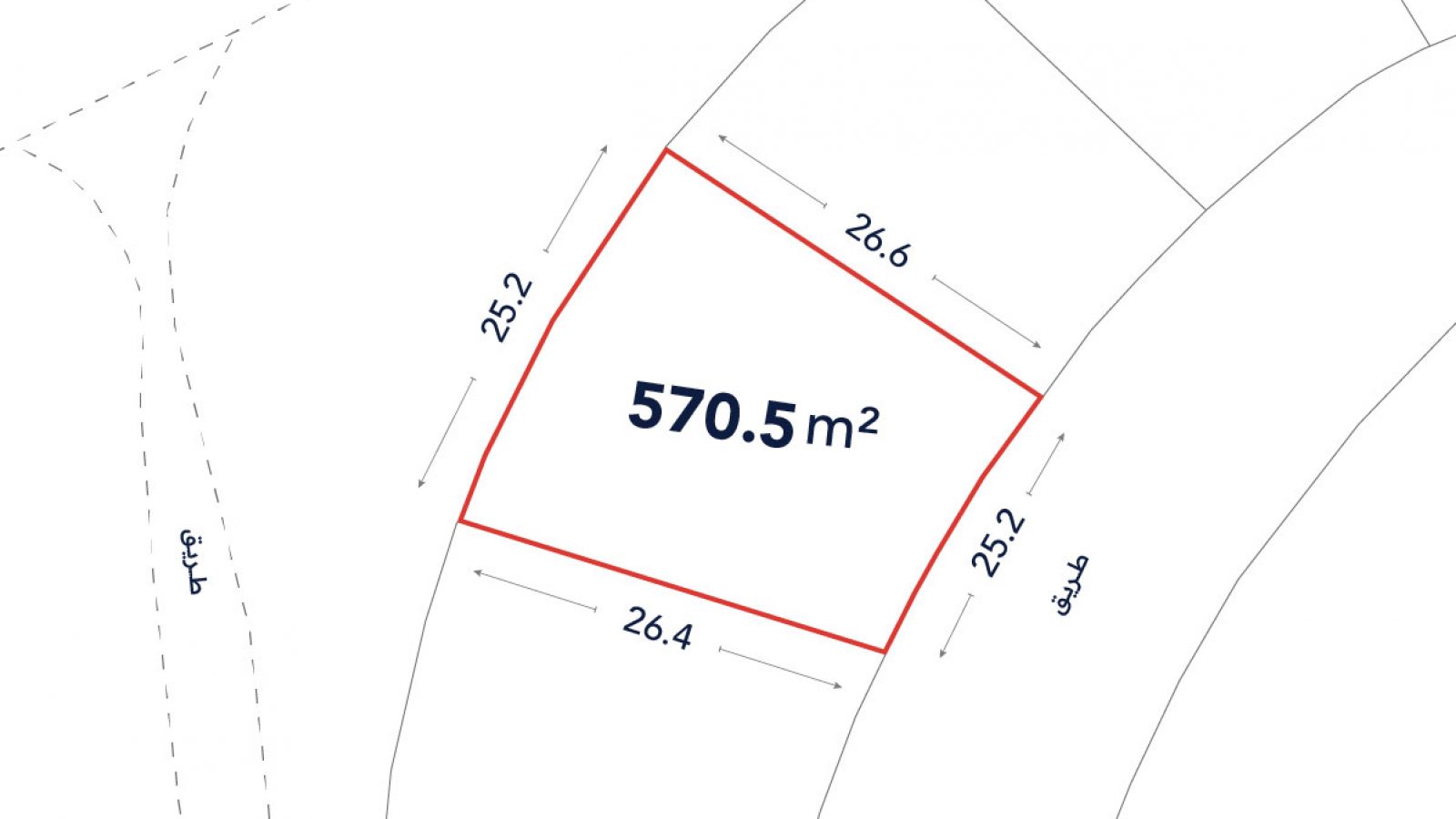 A plot map shows a 570.5 square meter land parcel outlined in red, with side lengths labeled 26.4, 25.2, 26.6, and 25.2 meters. Arabic street labels are present.