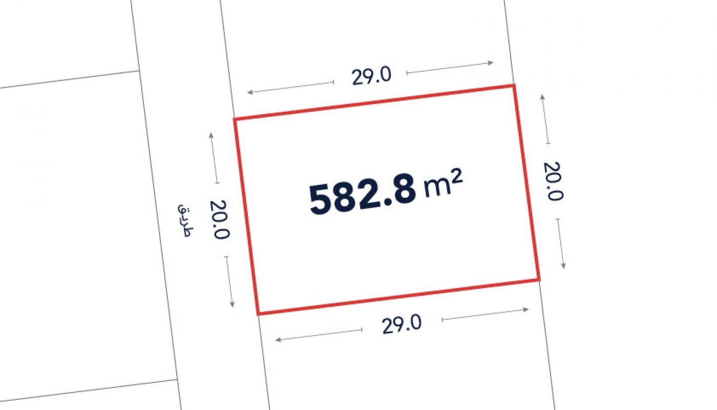 Diagram showing a rectangular plot outlined in red with an area of 582.8 m², measuring 29.0 meters by 20.0 meters.