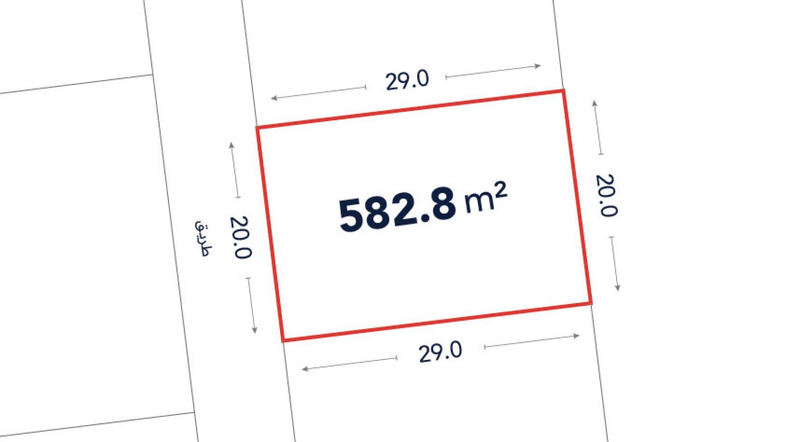 Diagram showing a rectangular plot outlined in red with an area of 582.8 m², measuring 29.0 meters by 20.0 meters.