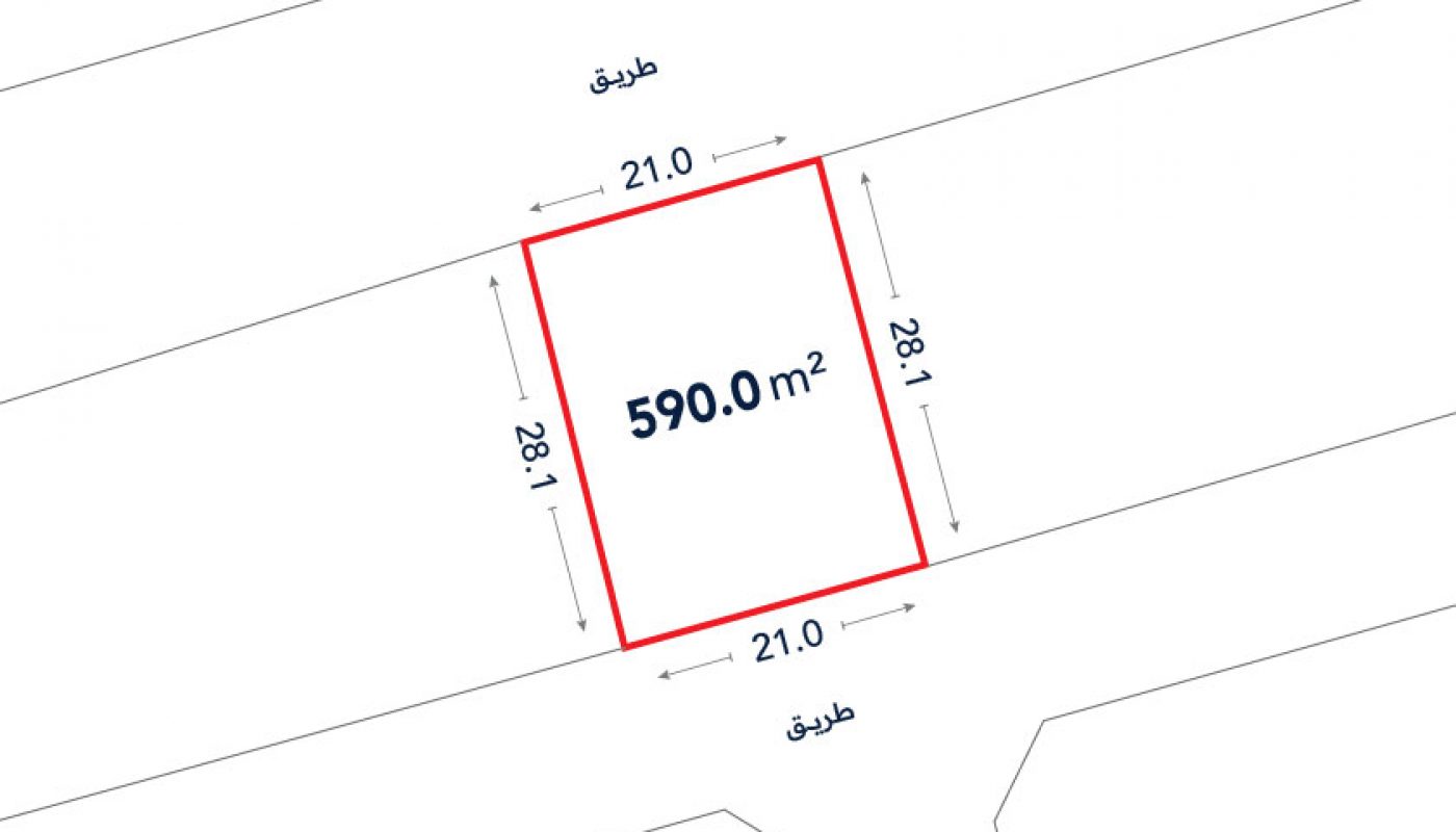 A rectangular plot measuring 590.0 square meters, with side lengths of 21.0 meters and 28.1 meters, bordered by roads on two sides.