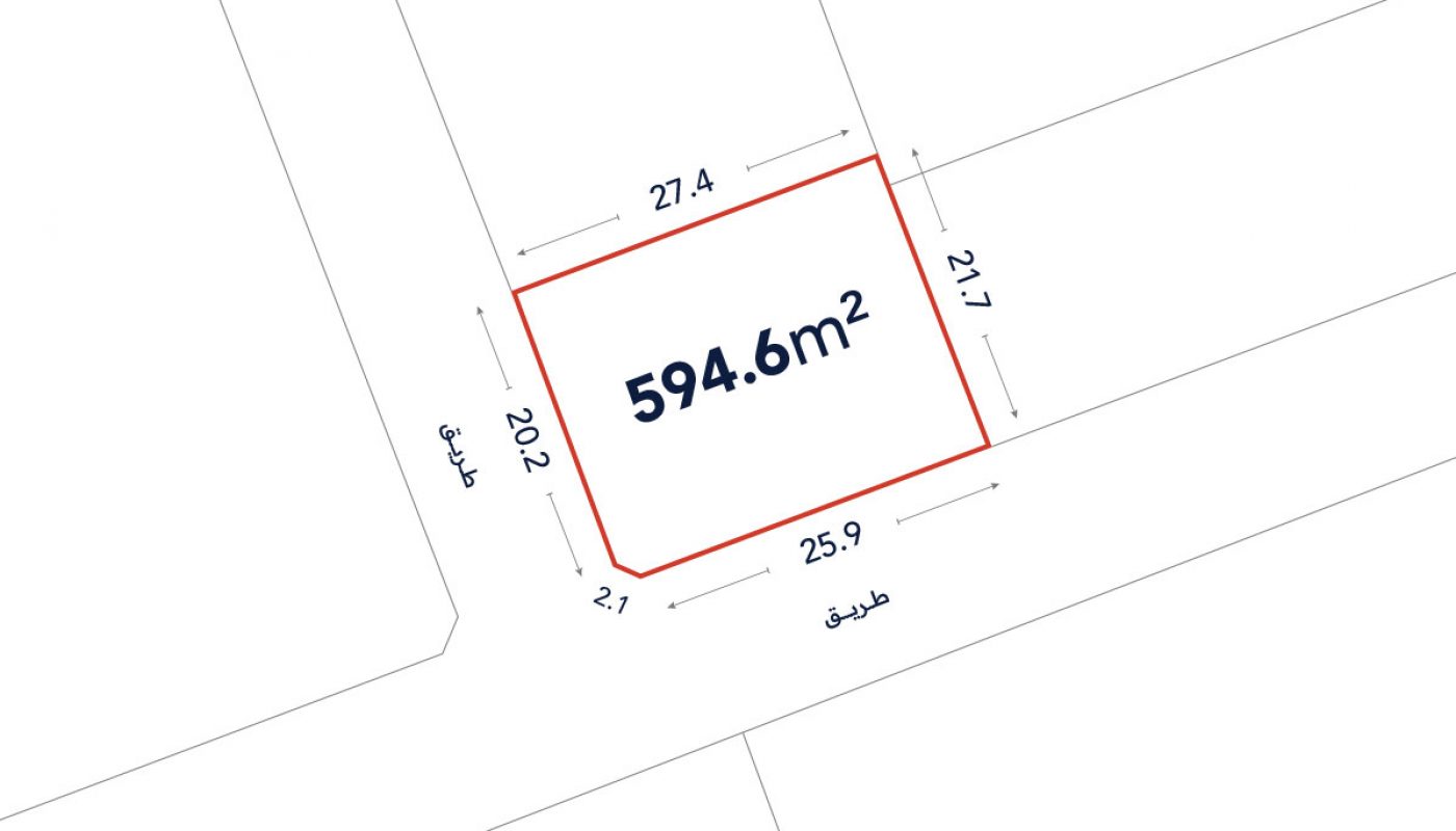 A plot of land outlined in red with labeled side lengths and area of 594.6 square meters, bordered by roads, with measurements shown in meters.
