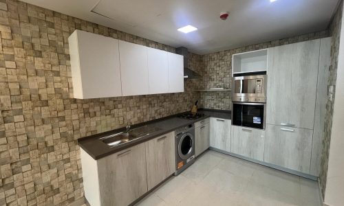 A kitchen with a washer and dryer in it.