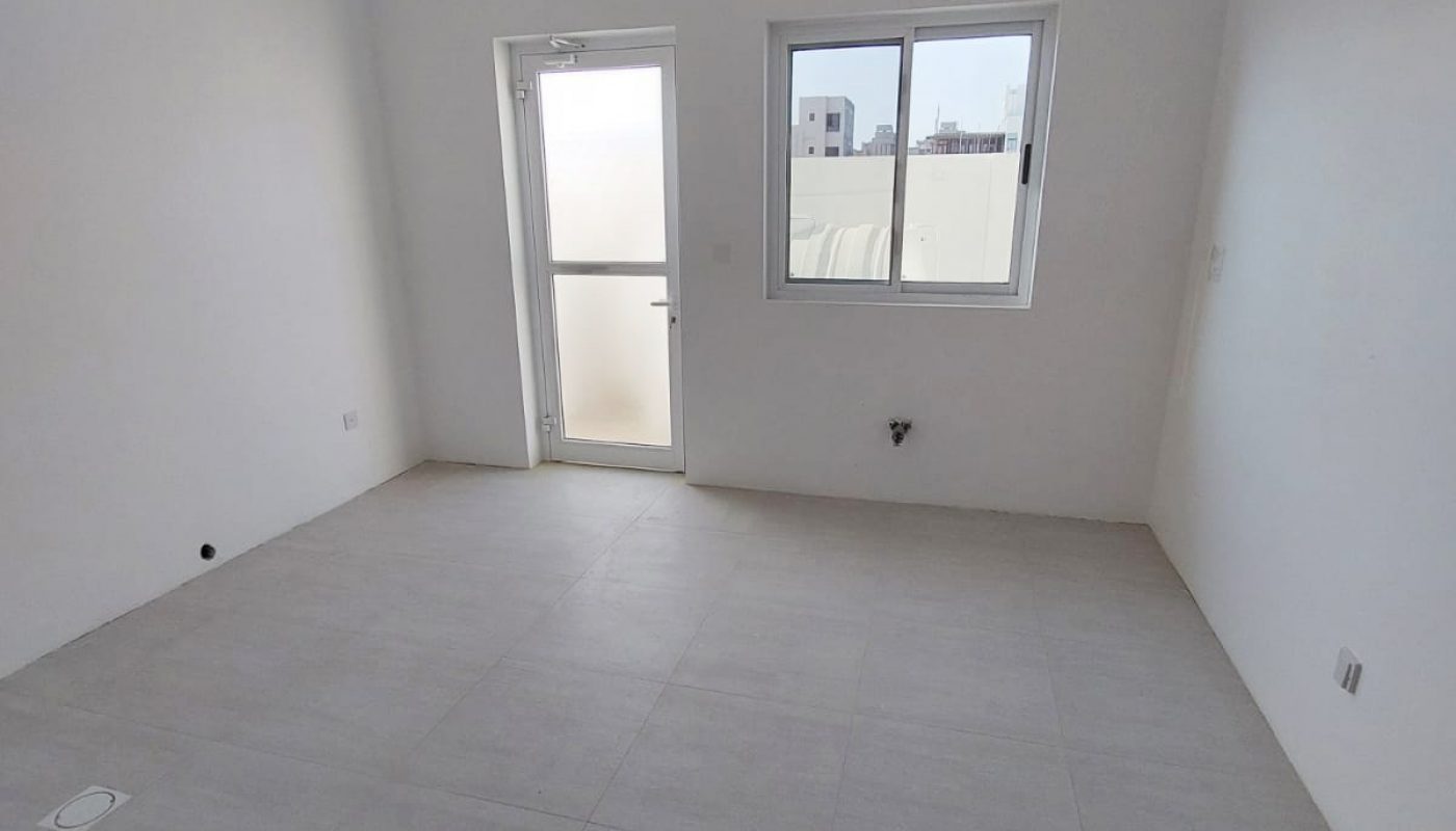 Keywords: empty room, white tile floors