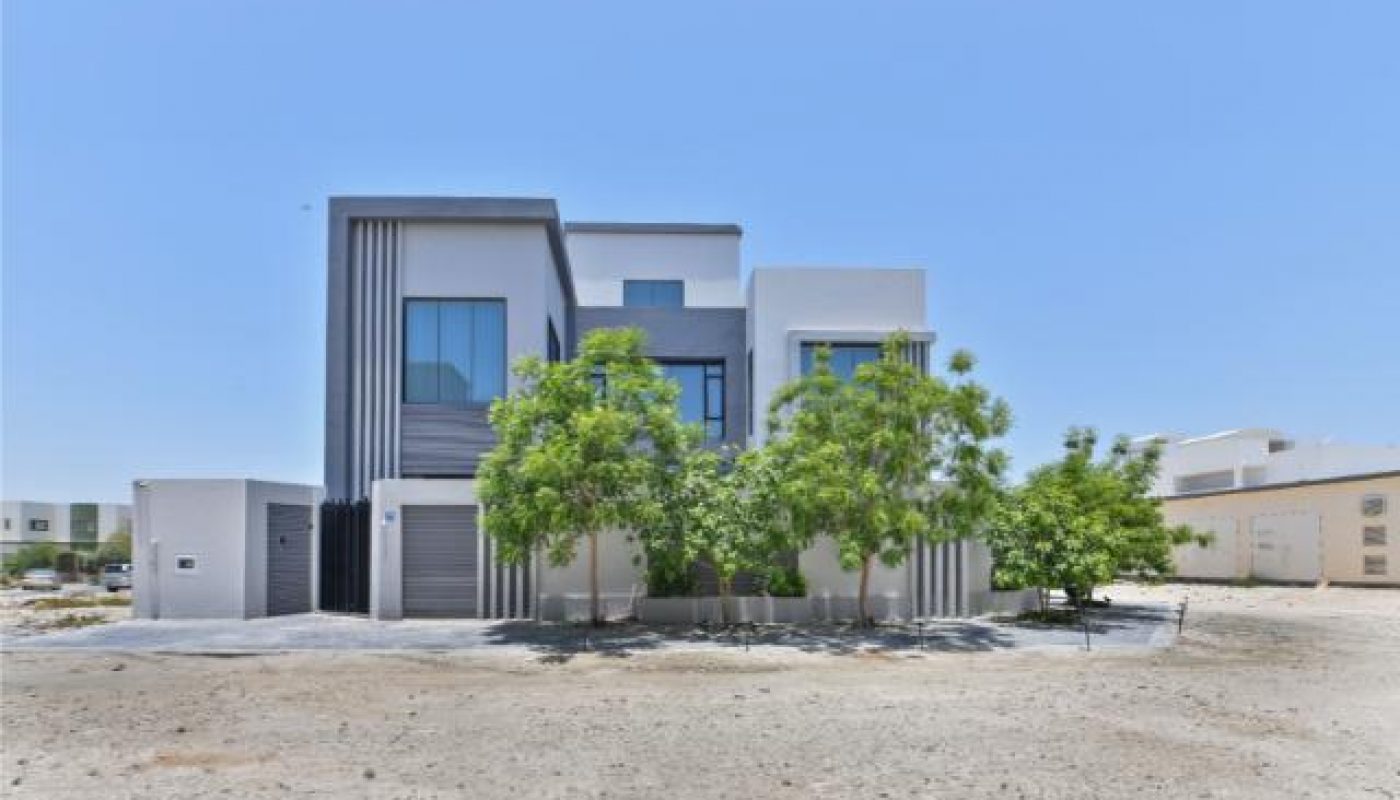 Modern two-story house with white and gray exterior, flat roof, large windows, and several small trees in front, situated on a barren, sandy lot under a clear blue sky.