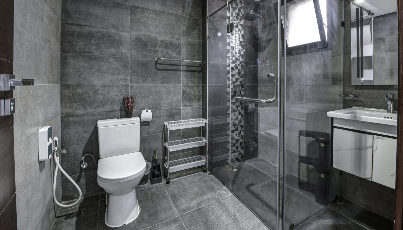 Modern bathroom with gray tiles, a toilet, glass-enclosed shower area with grab bars, towel rack, wall-mounted sink, mirror, and bright ceiling lights.